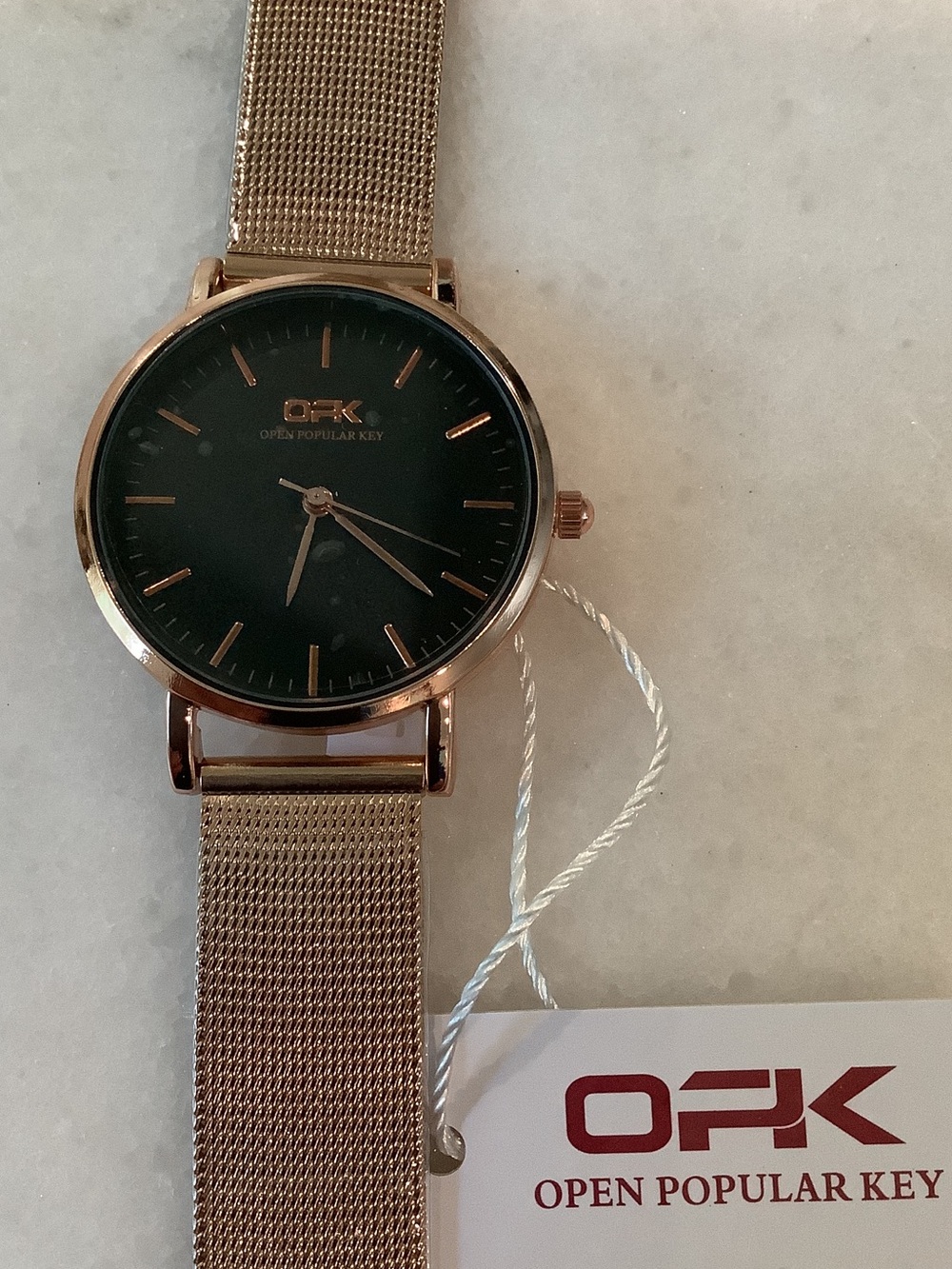 OPK Men’s Rose Gold Mesh Strap Watch with Black Dial, Brand New